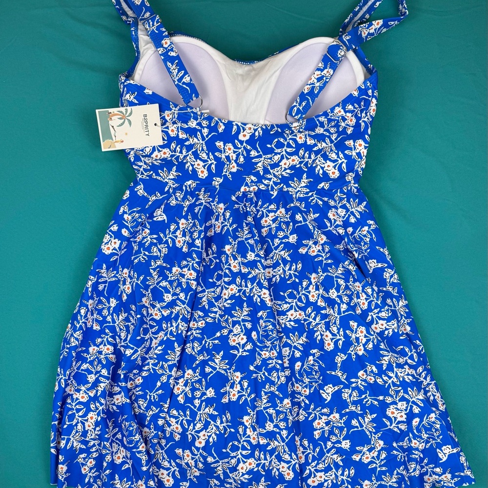 B2prity Swimdress One Piece Swimsuit Women M Blue Floral Tummy Control Skirt NWT - Picture 4 of 5